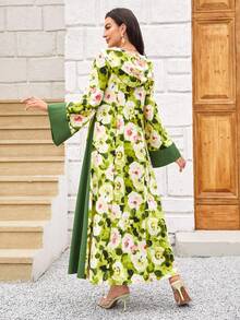 Al Najma Floral Print Flounce Sleeve Dress - Green - View 2