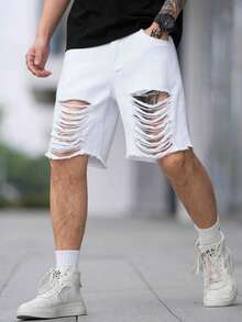 Manfinity EMRG Nam Quần short Denim Bông Rách Frayed Raw Hem - trắng - Xem 5