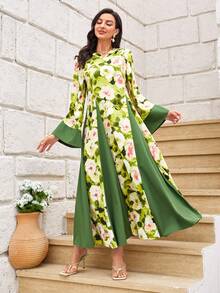 Al Najma Floral Print Flounce Sleeve Dress - Green - View 3