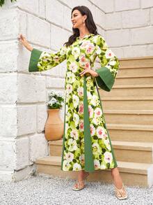 Al Najma Floral Print Flounce Sleeve Dress - Green - View 4