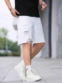 Manfinity EMRG Hombres Shorts bermuda algodón desgarro crudo bajo crudo - Blanco - Ver 6