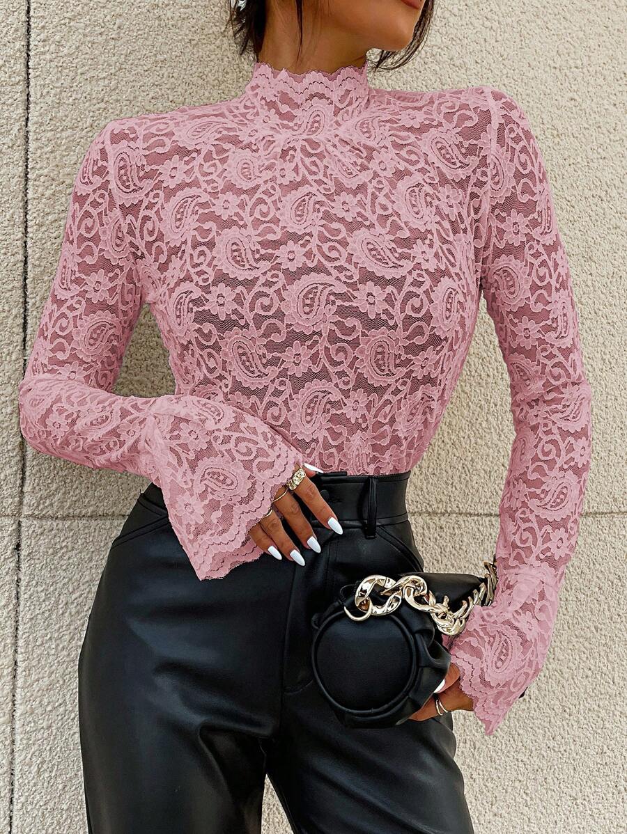 Modelyn Top de cuello alto de manga con volante con encaje - Rosa - Ver 1