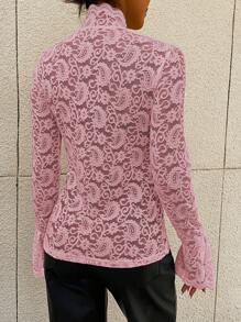 Modelyn Top de cuello alto de manga con volante con encaje - Rosa - Ver 2