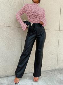 Modelyn Top de cuello alto de manga con volante con encaje - Rosa - Ver 4