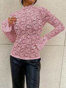 Modelyn Top de cuello alto de manga con volante con encaje - Rosa - Ver 5