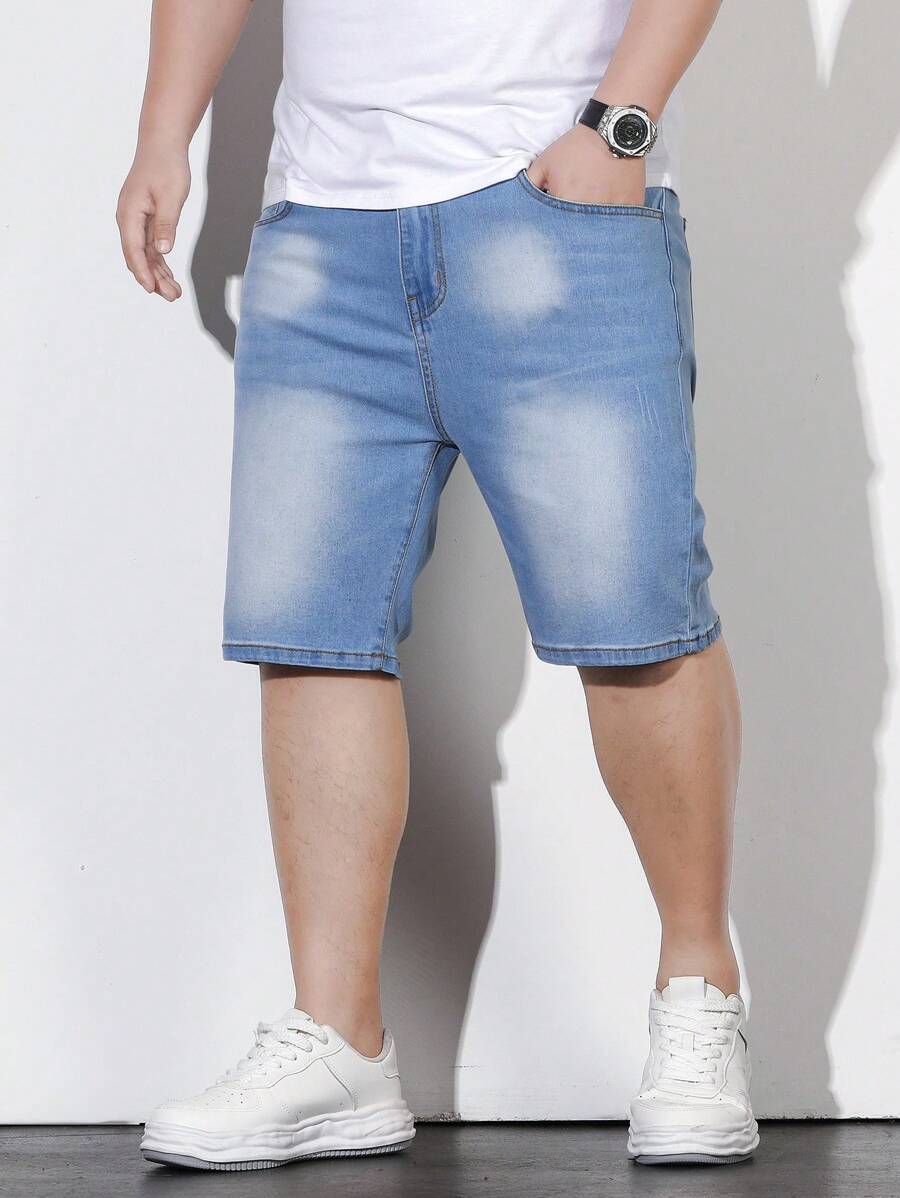 Manfinity Homme Men Plus Cotton Slant Pocket Bermuda Denim Shorts - Light Wash - View 1