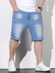Manfinity Homme Men Plus Cotton Slant Pocket Bermuda Denim Shorts - Light Wash - View 7