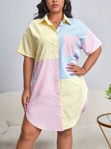 SHEIN Essnce Plus Colorblock Drop Shoulder Curved Hem Shirt Dress - Multicolor - View 1