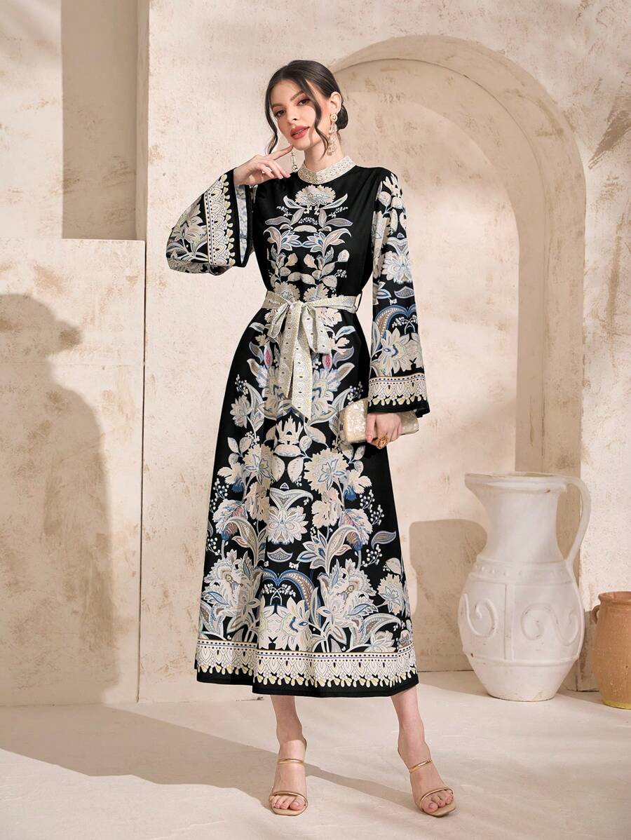Al Najma Floral Print Belted Dress, Modest - Multicolor - View 1