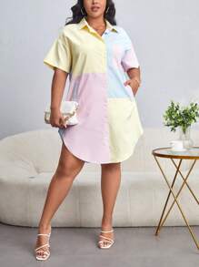 SHEIN Essnce Plus Colorblock Drop Shoulder Curved Hem Shirt Dress - Multicolor - View 3