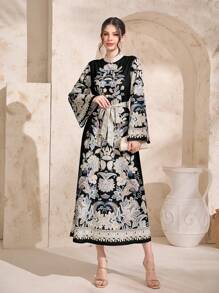 Al Najma Floral Print Belted Dress, Modest - Multicolor - View 3