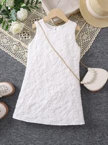 SHEIN 少女提花蝴蝶結細節無袖連衣裙 - 白色 - 查看 2