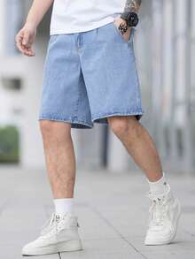 Manfinity Hypemode Loose Fit Men's Denim Shorts With Slant Pockets - Light Wash - View 6