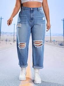 SHEIN EZwear Plus Ripped Mom Fit Jeans - Light Wash - View 1