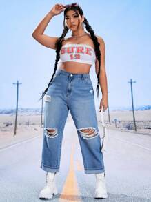 SHEIN EZwear Plus Ripped Mom Fit Jeans - Light Wash - View 3