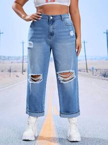 SHEIN EZwear Plus Ripped Mom Fit Jeans - Light Wash - View 4