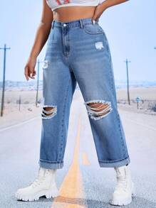 SHEIN EZwear Plus Ripped Mom Fit Jeans - Light Wash - View 6