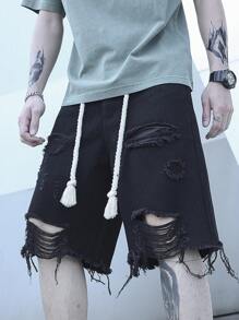 Manfinity EMRG Loose Fit Men's Ripped Fringe Hem Denim Shorts With Drawstring Waist - Black - View 3