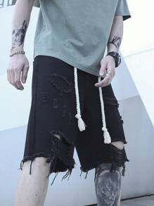 Manfinity EMRG Loose Fit Men's Ripped Fringe Hem Denim Shorts With Drawstring Waist - Black - View 4