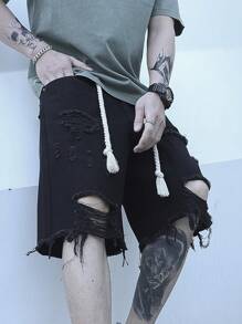 Manfinity EMRG Loose Fit Men's Ripped Fringe Hem Denim Shorts With Drawstring Waist - Black - View 6