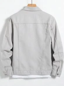 Manfinity Homme 男士长袖纯棉单件翻盖口袋牛仔夹克，秋季款 - 深灰色 - 查看 2