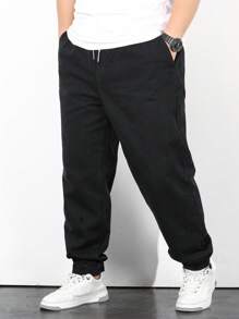 Aesthetic Post--Men Plus Cotton Slant Pocket Drawstring Waist Jogger Jeans - Black - View 1