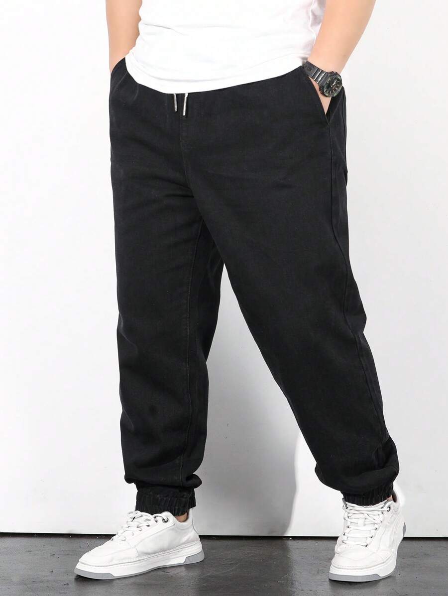 Aesthetic Post--Men Plus Cotton Slant Pocket Drawstring Waist Jogger Jeans - Black - View 1