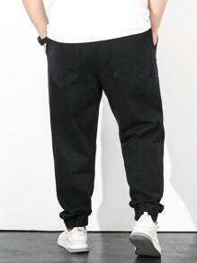 Aesthetic Post--Men Plus Cotton Slant Pocket Drawstring Waist Jogger Jeans - Black - View 3