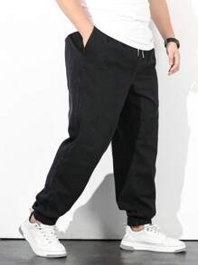 Aesthetic Post--Men Plus Cotton Slant Pocket Drawstring Waist Jogger Jeans - Black - View 6