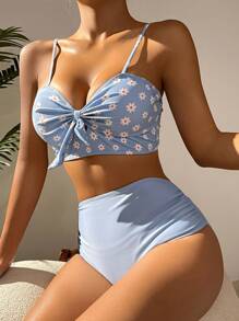 Daisy Ditsy Floral Knot Front Bikini Set - Baby Blue - View 3