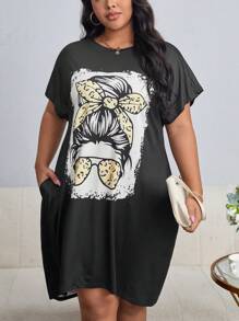 SHEIN LUNE Plus Figure Graphic Batwing Sleeve Tee Dress For Summer - Black - View 1