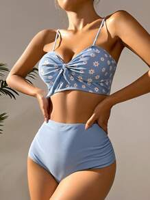 Daisy Ditsy Floral Knot Front Bikini Set - Baby Blue - View 1