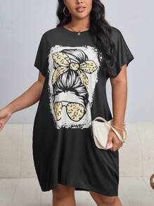 SHEIN LUNE Plus Figure Graphic Batwing Sleeve Tee Dress For Summer - Black - View 3