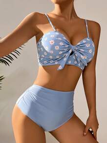 Daisy Ditsy Floral Knot Front Bikini Set - Baby Blue - View 4