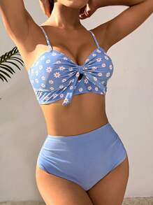 Daisy Ditsy Floral Knot Front Bikini Set - Baby Blue - View 5
