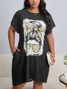 SHEIN LUNE Plus Figure Graphic Batwing Sleeve Tee Dress For Summer - Black - View 4