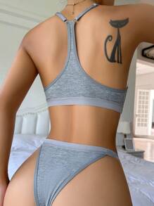 字母拼接文胸和內褲內衣套裝 - 淺灰色 - 查看 2