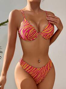 SHEIN 斑馬紋帶鋼圈比基尼泳裝 - 彩色 - 查看 1