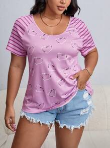SHEIN LUNE Plus Striped & Heart Print Raglan Sleeve Tee - Lilac Purple - View 1