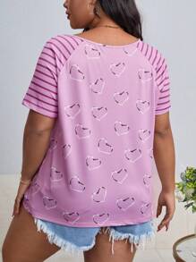 SHEIN LUNE Plus Striped & Heart Print Raglan Sleeve Tee - Lilac Purple - View 2