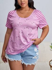 SHEIN LUNE Plus Striped & Heart Print Raglan Sleeve Tee - Lilac Purple - View 3