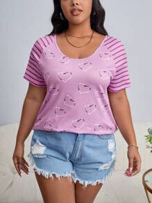 SHEIN LUNE Plus Striped & Heart Print Raglan Sleeve Tee - Lilac Purple - View 5
