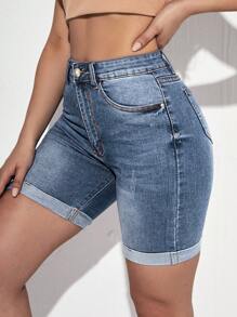 Roll Up Hem Denim Shorts - Light Wash - View 1