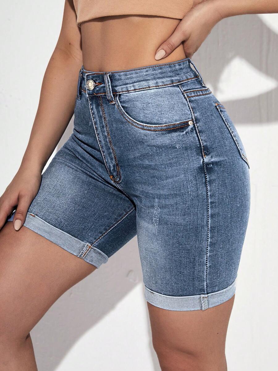 Roll Up Hem Denim Shorts - Light Wash - View 1