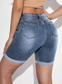 Roll Up Hem Denim Shorts - Light Wash - View 2