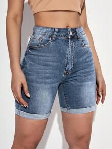 Roll Up Hem Denim Shorts - Light Wash - View 3