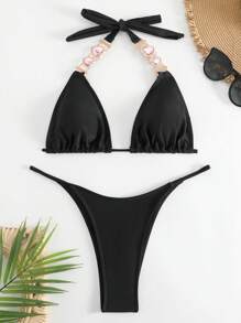 鏈條鏈接掛脖三角杯比基尼泳裝 - 黑色 - 查看 2