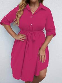 Calvaya 大碼捲邊袖腰帶襯衫洋裝 - 玫紅色 - 查看 4