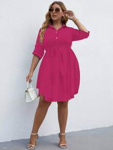 Calvaya 大碼捲邊袖腰帶襯衫洋裝 - 玫紅色 - 查看 5