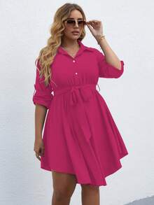 Calvaya 大碼捲邊袖腰帶襯衫洋裝 - 玫紅色 - 查看 6